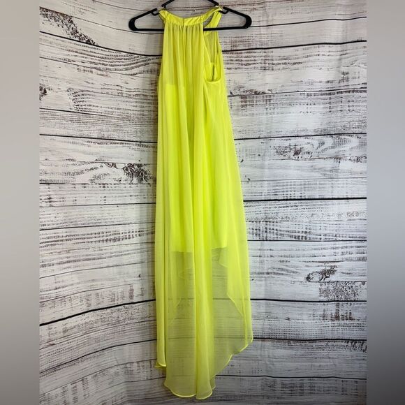 Bebe Dress Womens Sz 4 lime green High low gemstone neckline rhinestone Chiffon - Picture 4 of 14